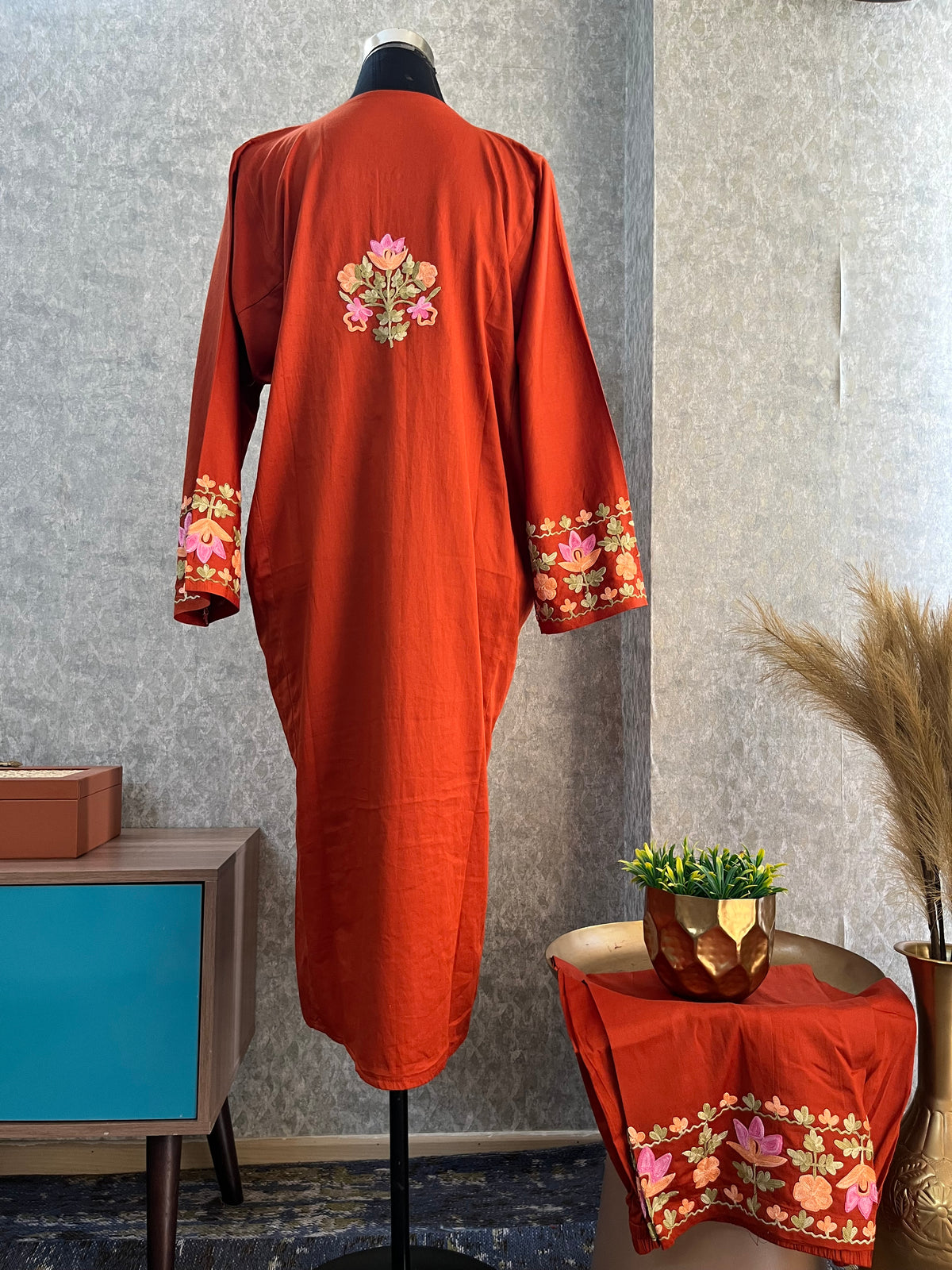 Brick Cotton Front Jaal Pheran Set  Size(44)
