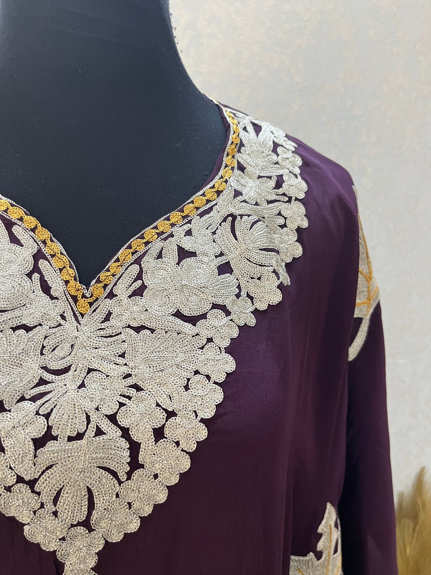 Wine Crape Kashmiri Kaftan Set