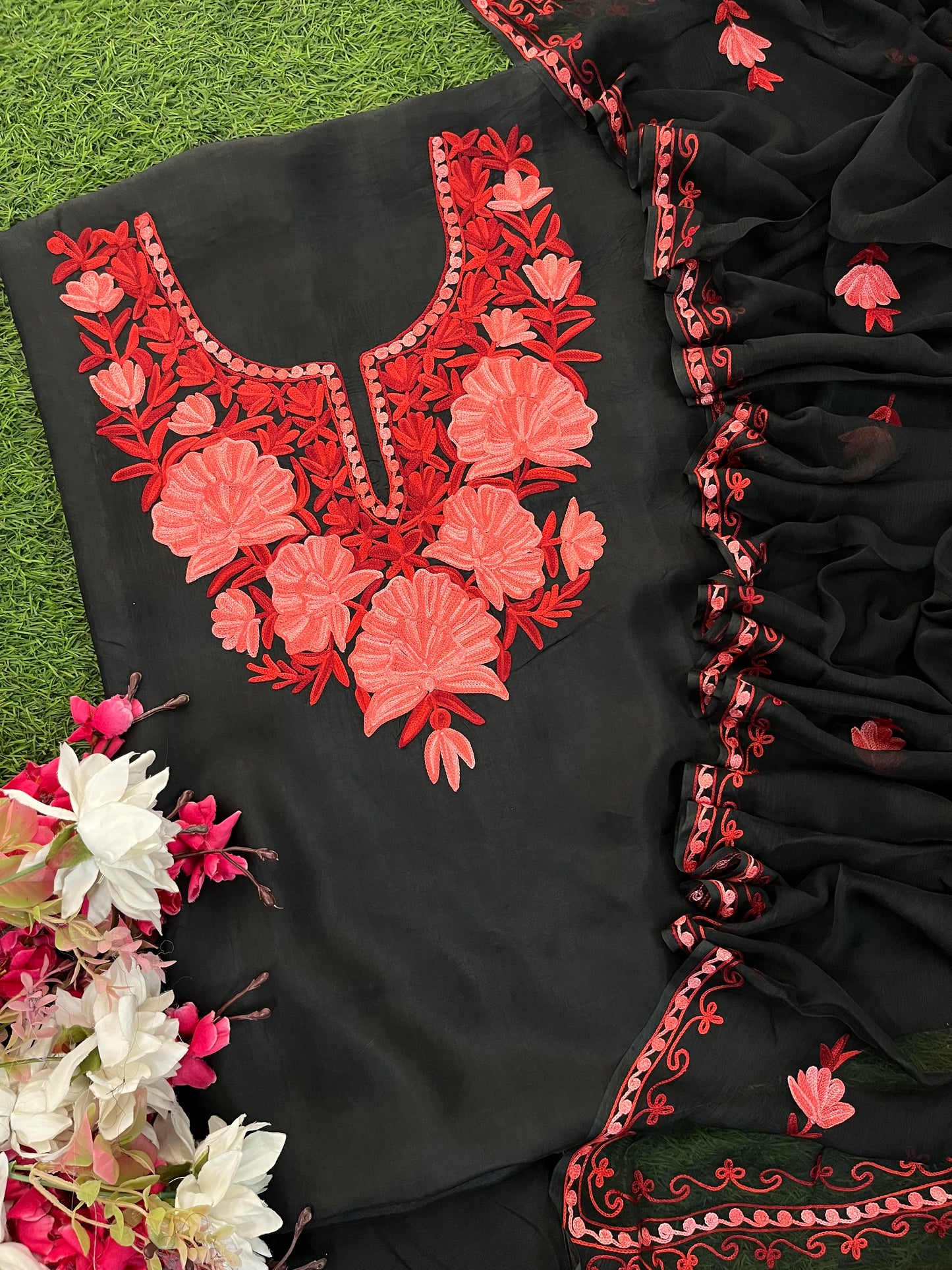 Black Opada Silk Kashmiri Suit