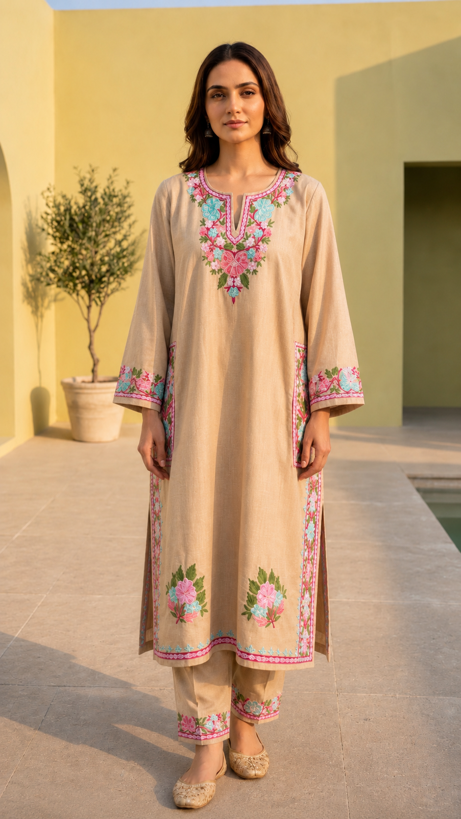 Beige Cotton Pheran Set (Upto 44)