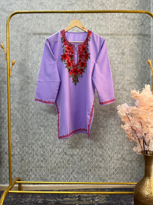 Lavender Cotton Aari Work Kurti