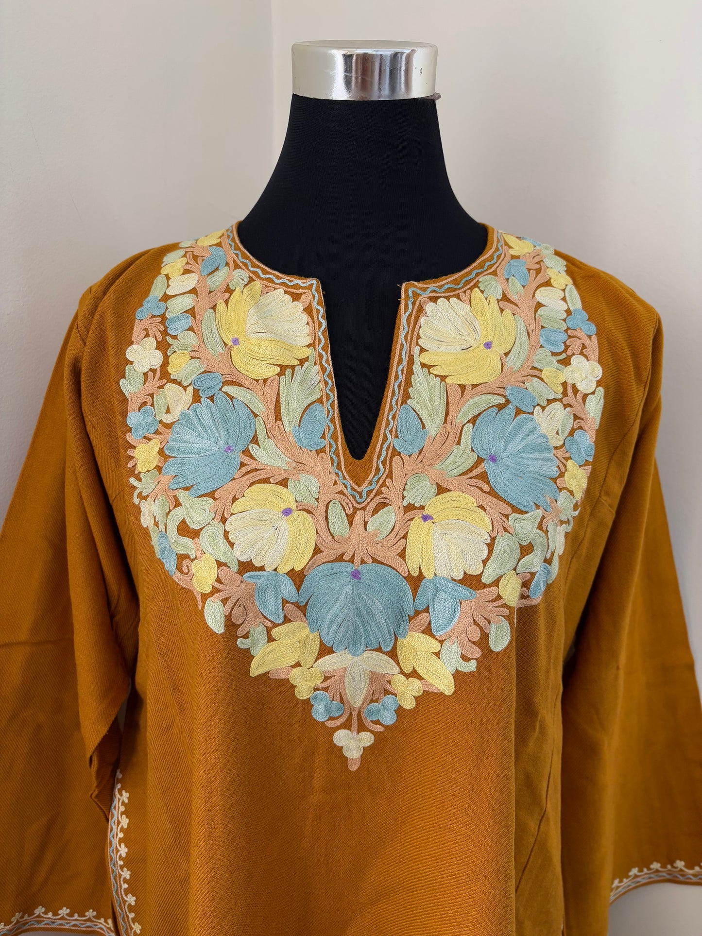 Mustard Yellow Aari Embroidered Wool Pheran