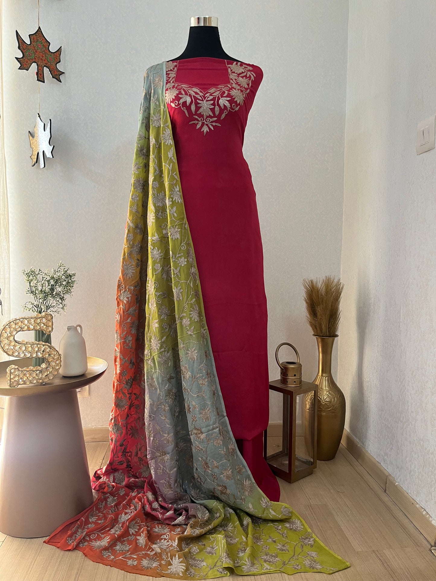 Coral Pink Pure Chinon 3 Pc Heavy Kashmiri Suit