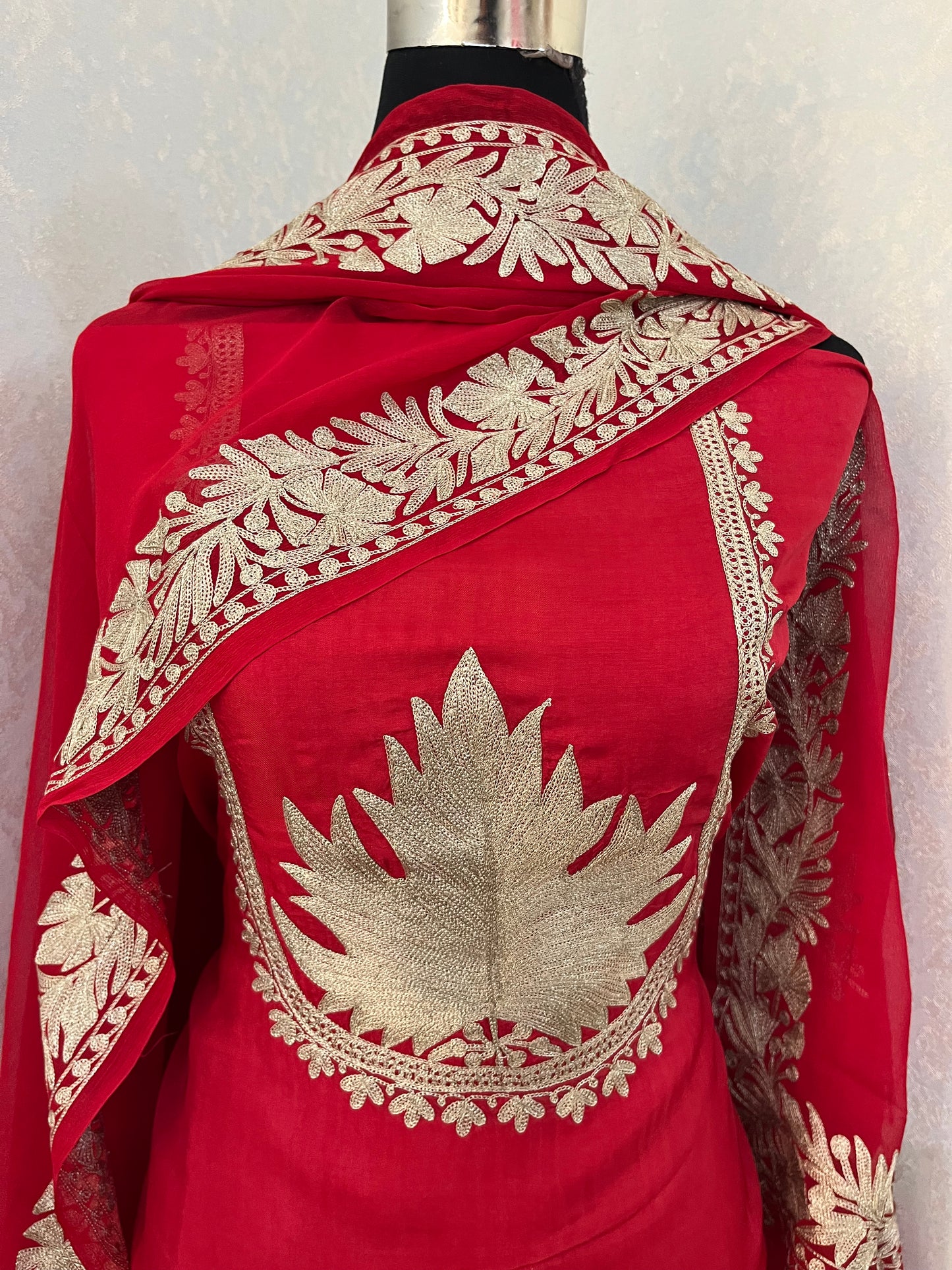 Red Sanam’ Tilla Kashmiri Silk Suit