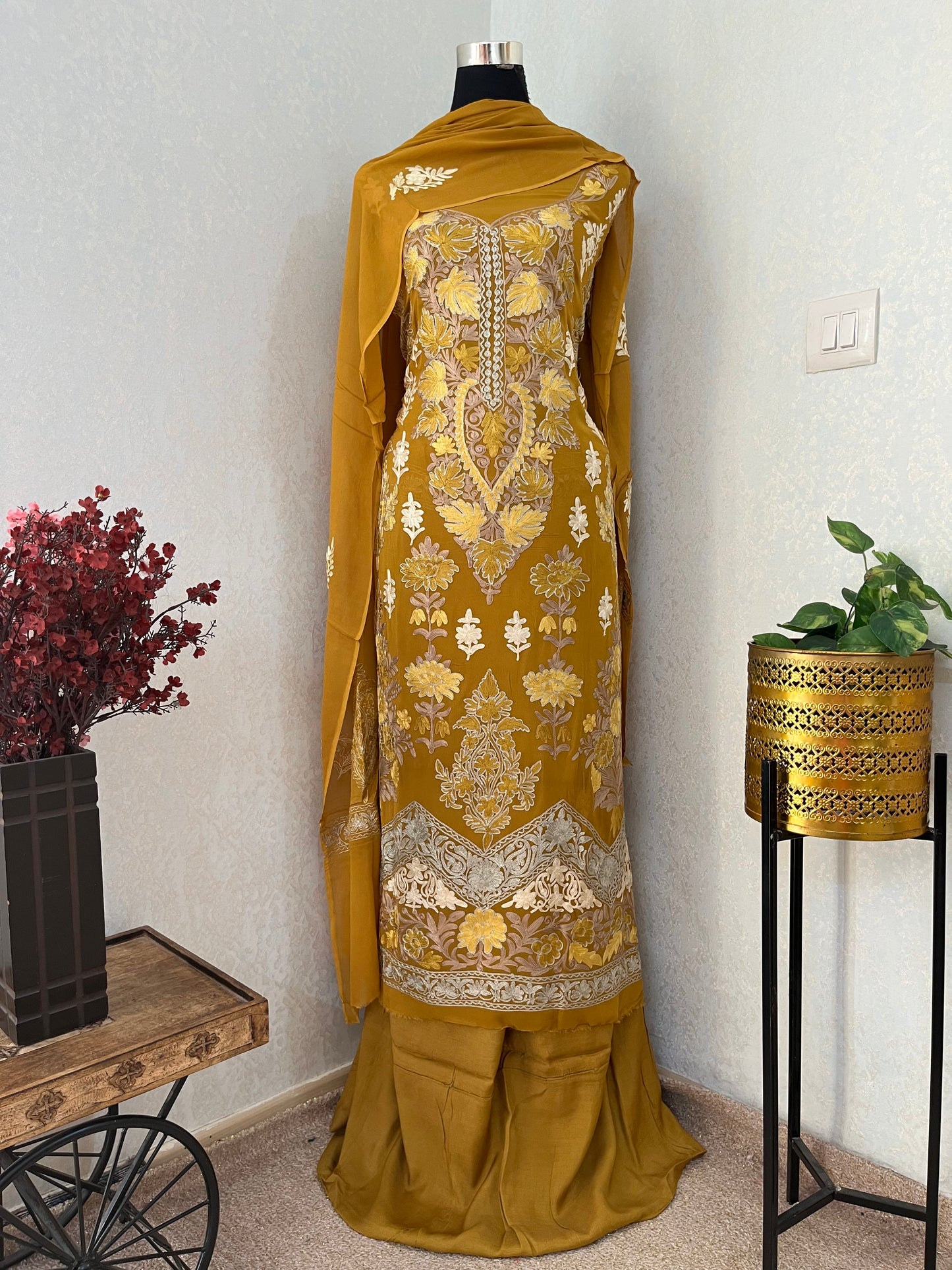 Mustard Pure Georgette 3 Pc Heavy Kashmiri Suit