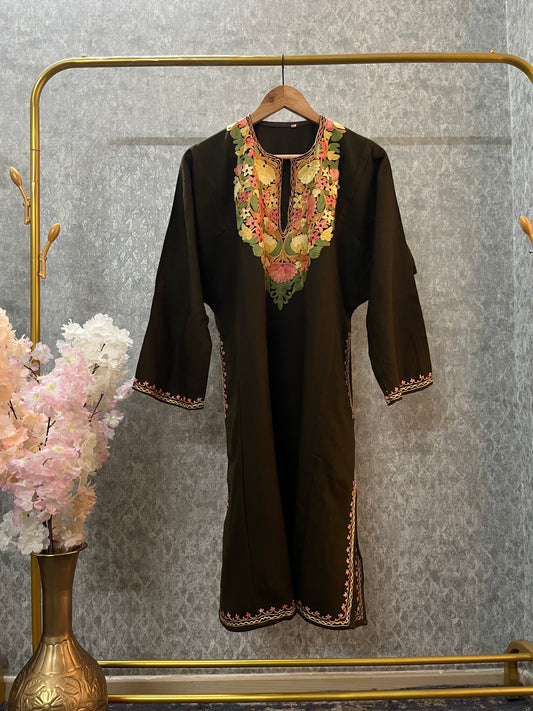 Army Green Aari Embroidered Wool Pheran