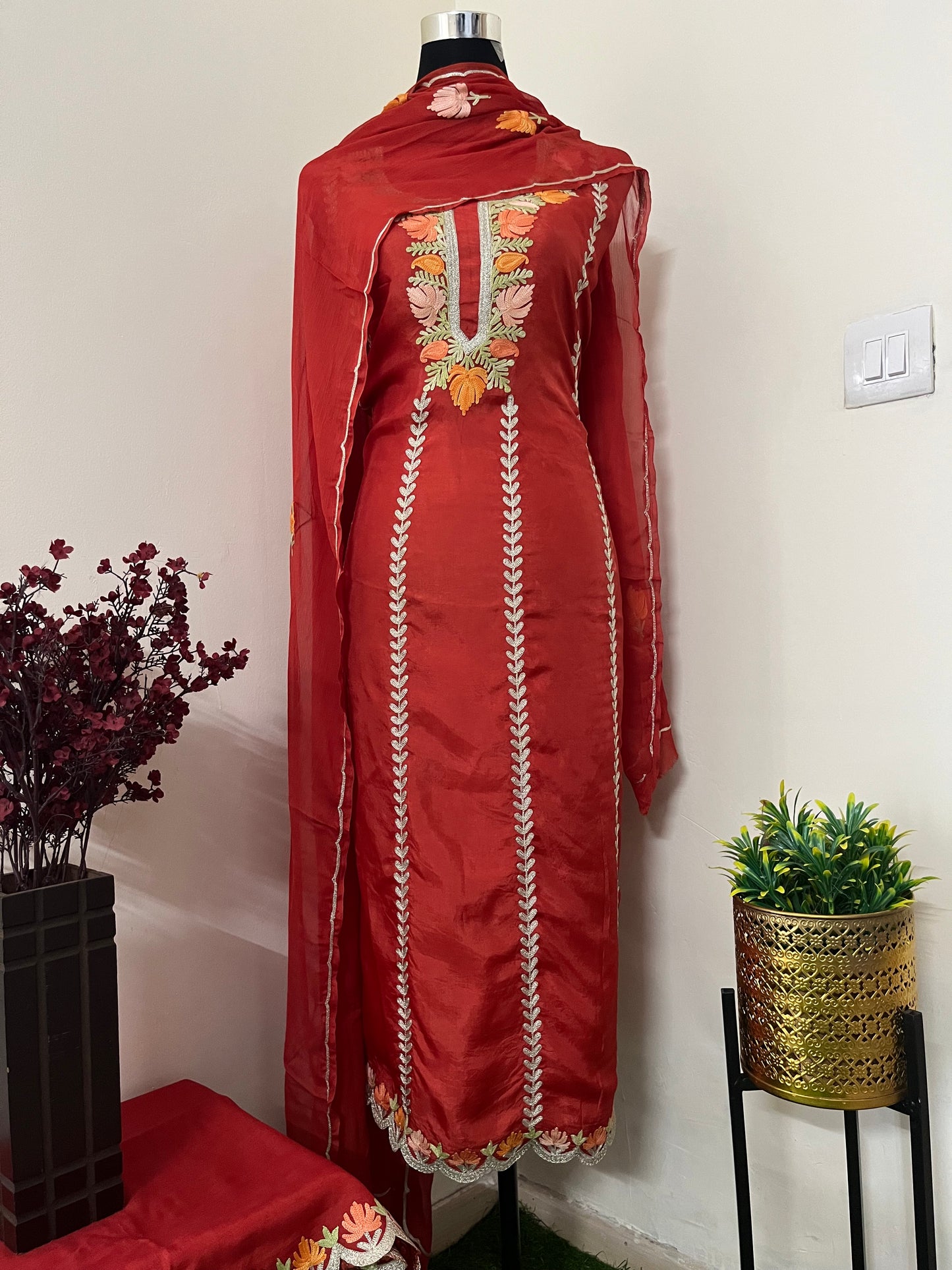 Sanam’ Rust Silk Aari Embroidered Suit material