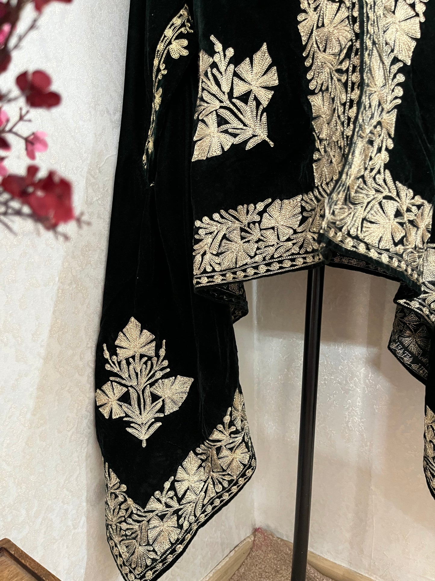 Bottle Green Tilla Embroidered Velvet Cape