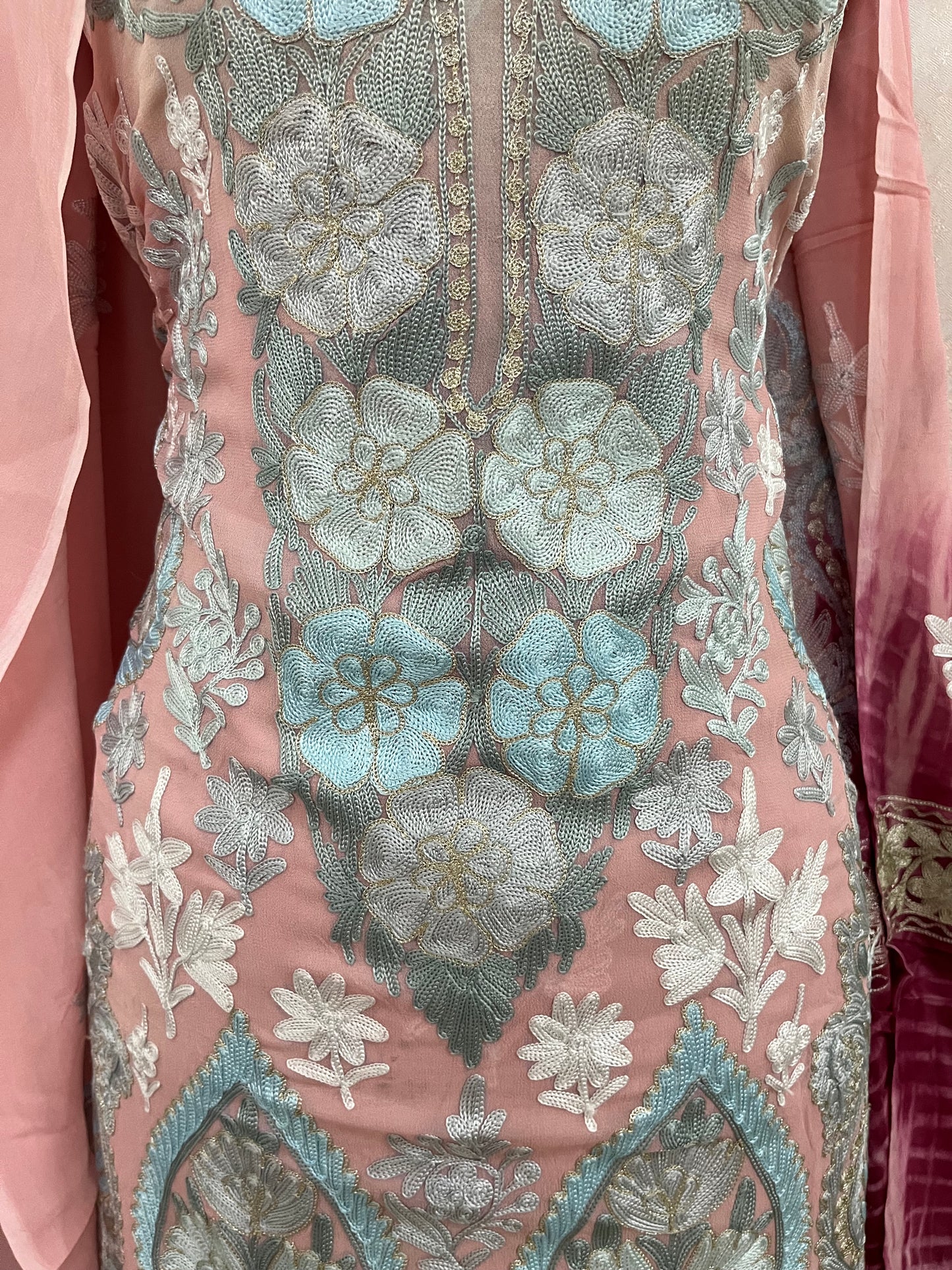 Soft Pink Pure Georgette 3 Pc Aari Embroidered Suit