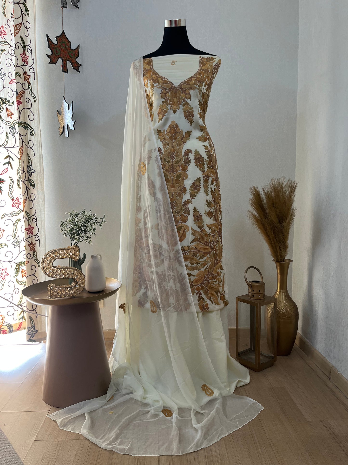 Ivory Satin Cotton Kashmiri Suit