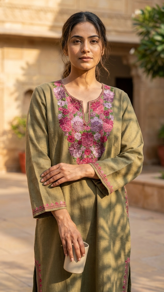 Beige Aari Embroidered Wool Pheran