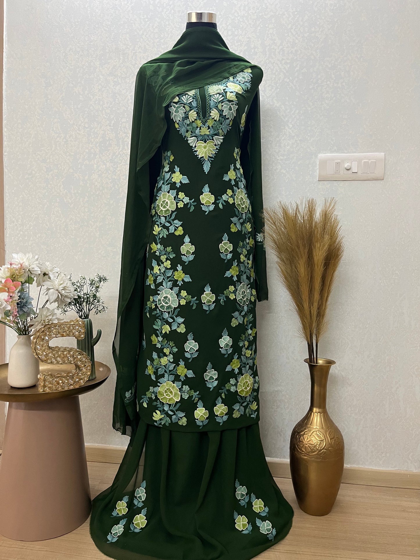 Green Georgette 3 Pc Kashmiri Suit