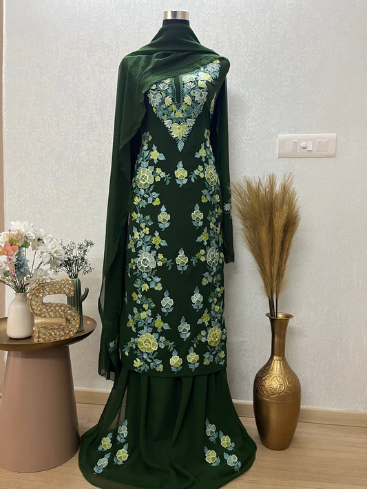 Green Georgette 3 Pc Kashmiri Suit