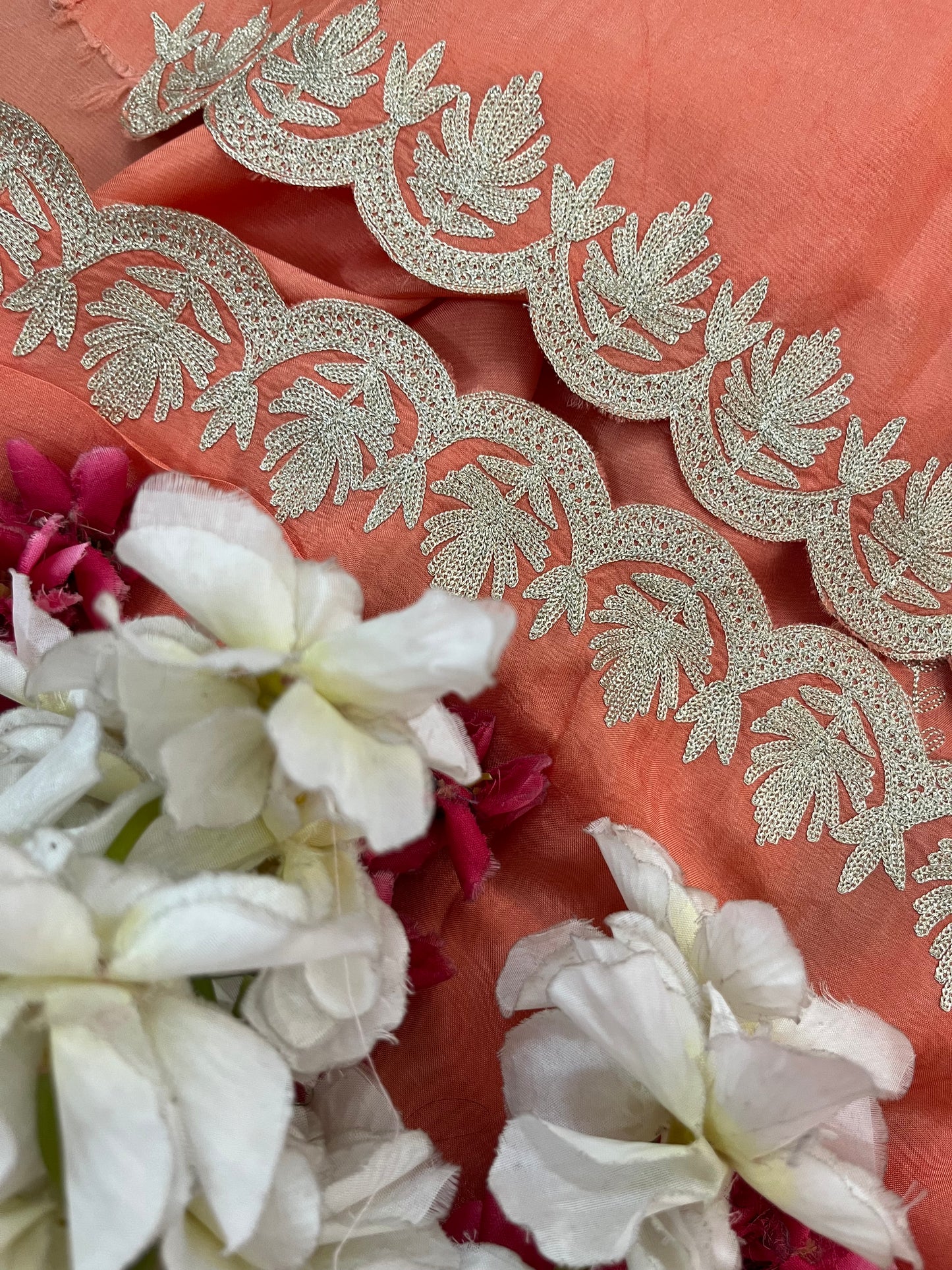 Sanam’ Peach Silk Tilla Embroidered Suit material