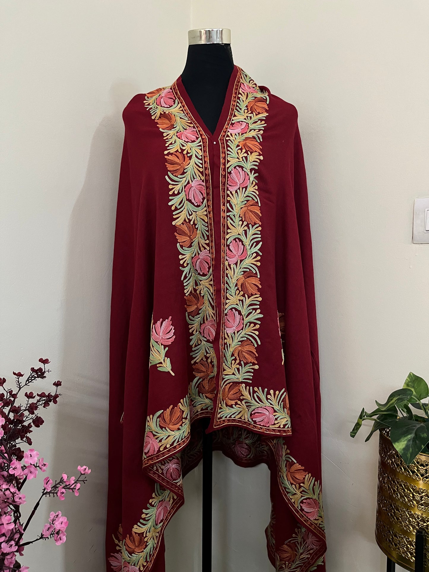Maroon Aari Embroidered Pure Wool Cape