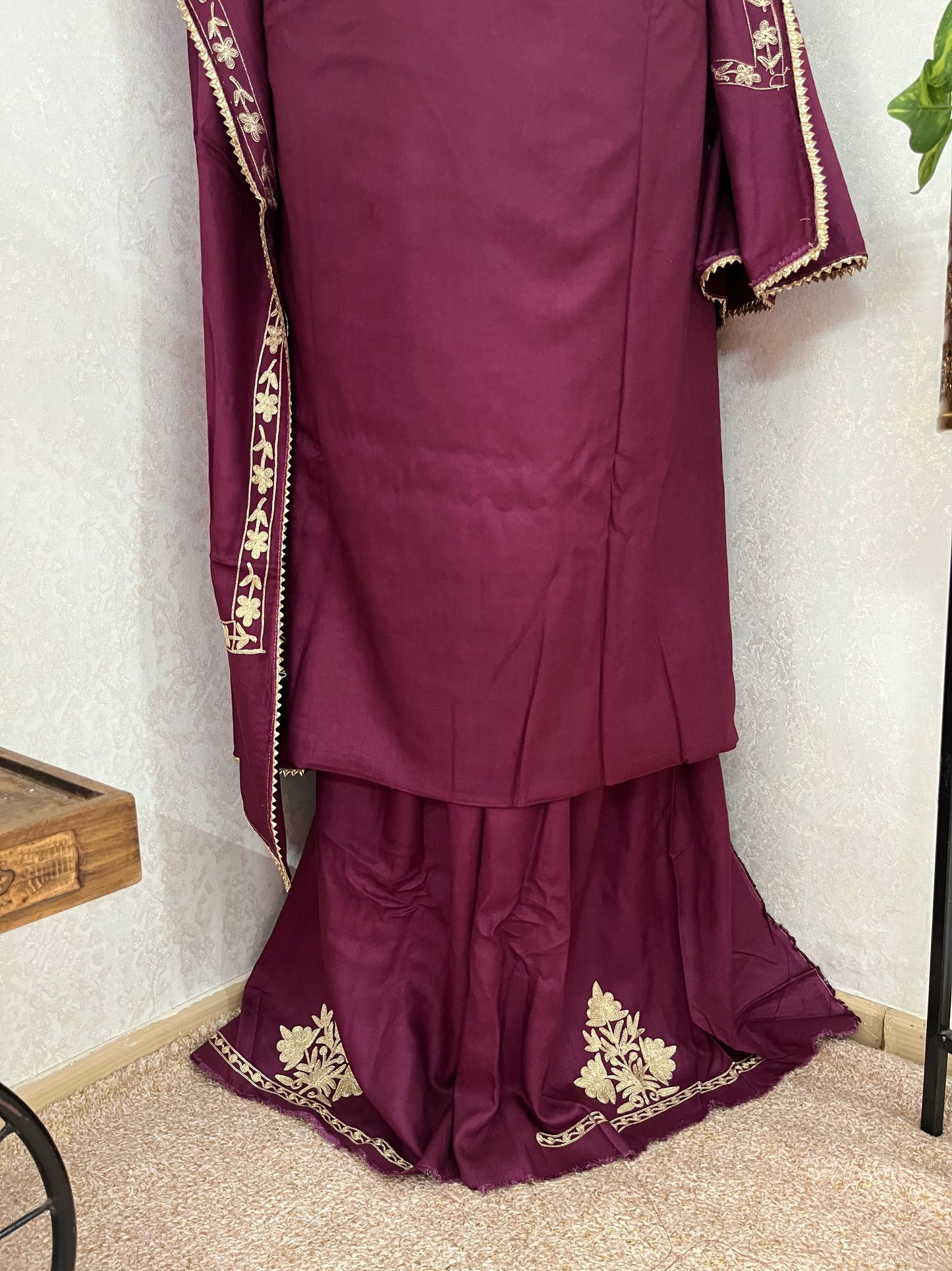 Wine Silk Pashmina Kashmiri Suit