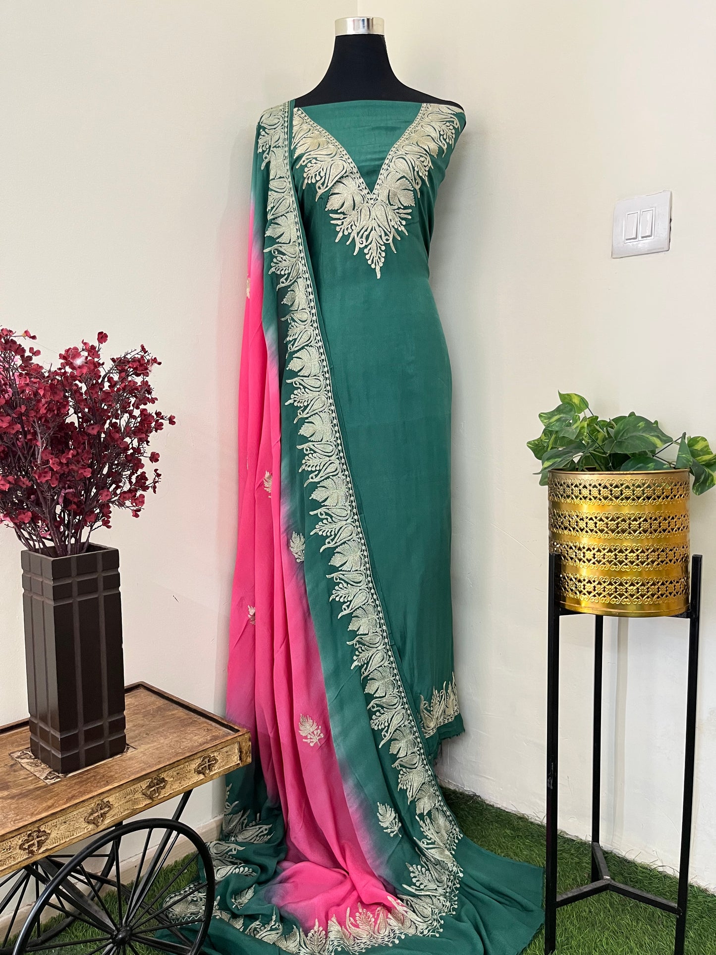 Sanam Green Silk Kashmiri Suit