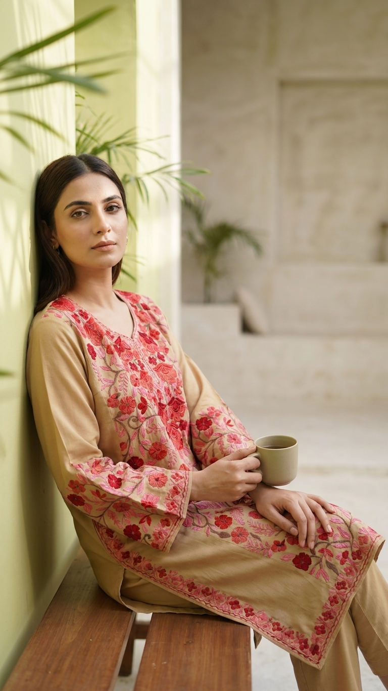 Beige Cotton Front Jaal Pheran Set