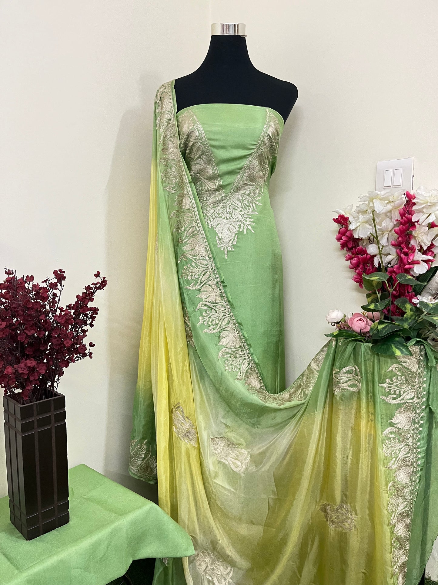 Sanam Pista Green Silk Kashmiri Suit