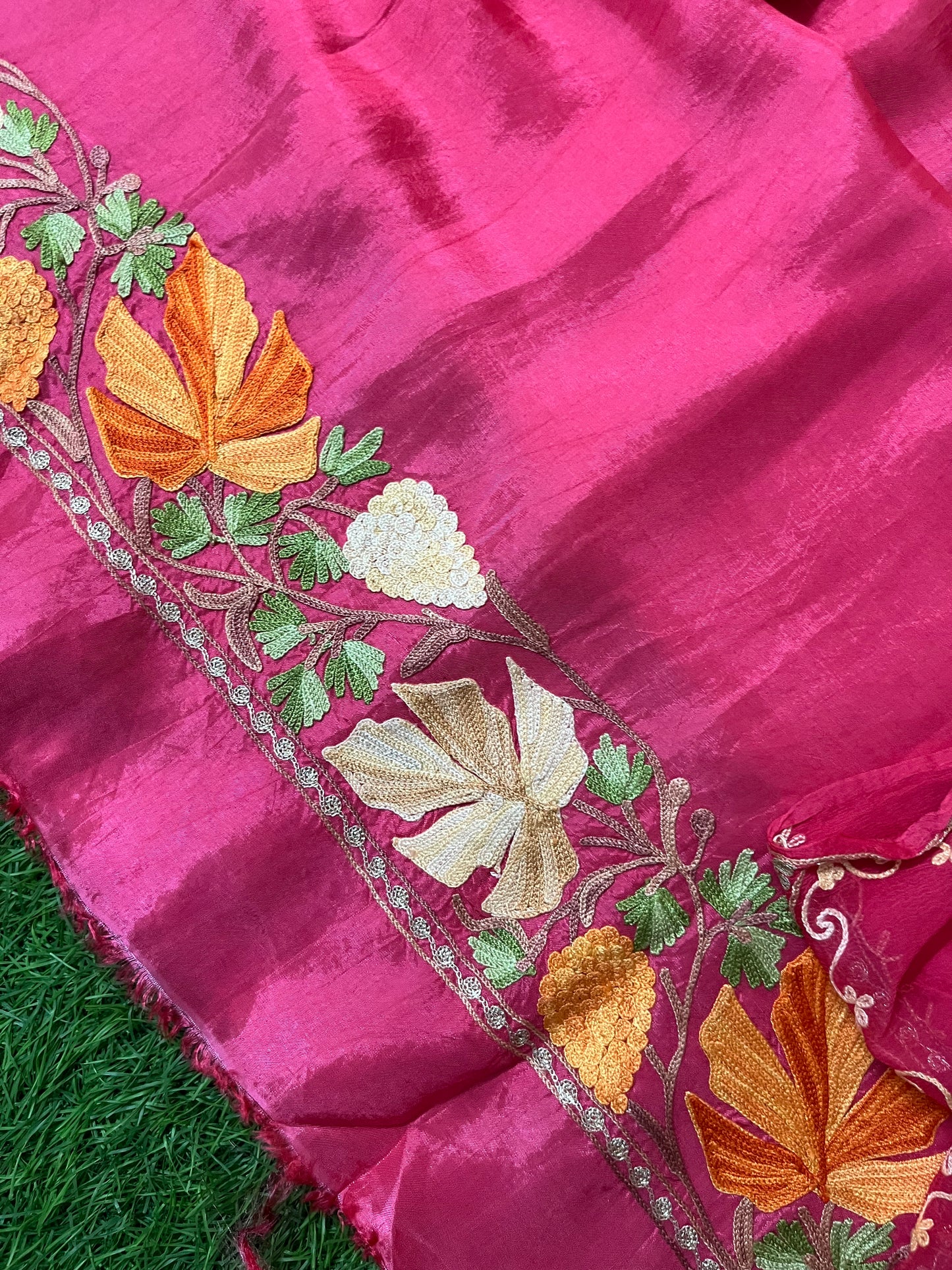 Carrot Pink Opada Silk Aari Embroidered Suit material