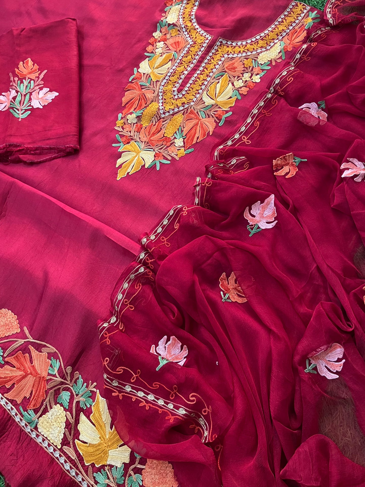 Maroon Opada Silk Aari Embroidered Suit material