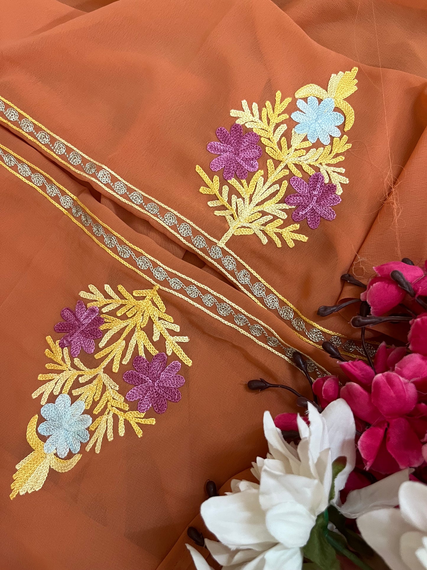 Soft Orange Georgette 3 Pc Aari Embroidered Suit Set
