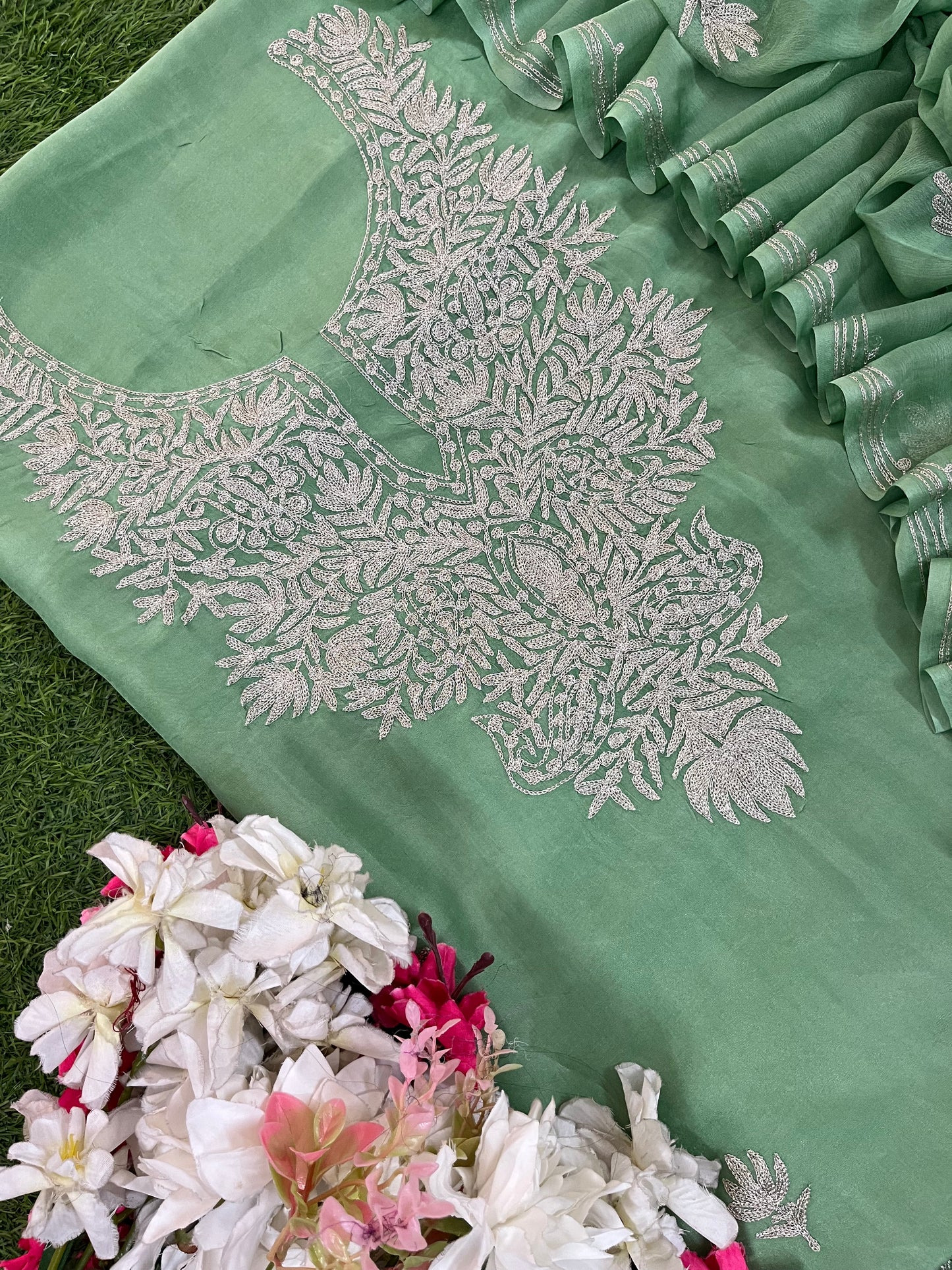 Pastel Green Silk Tilla Kashmiri Suit