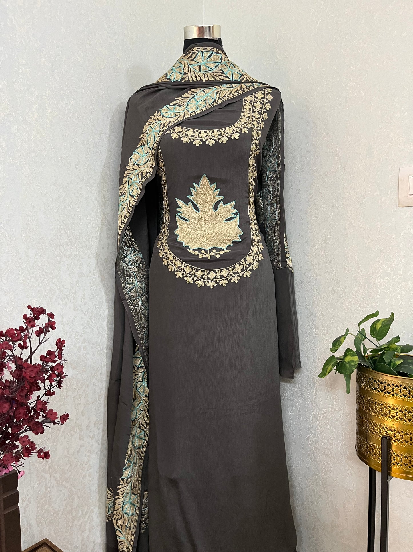 Grey Chinon 3 Pc Aari Embroidered Suit