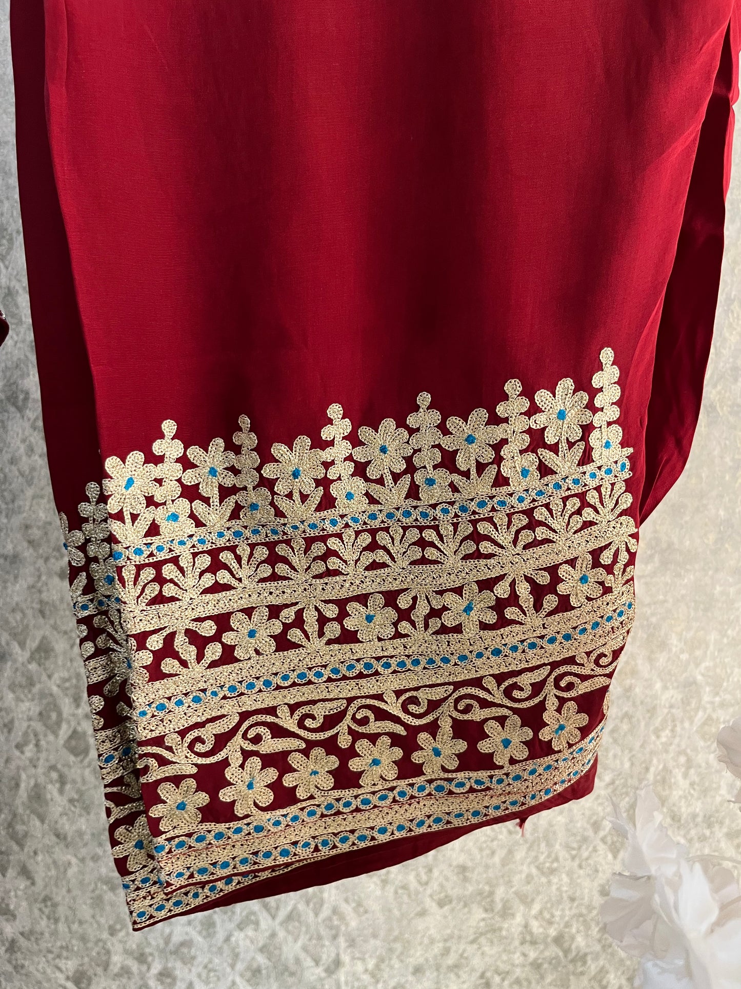 Peacock Blue Crape Kashmiri Kaftan Set size (44)