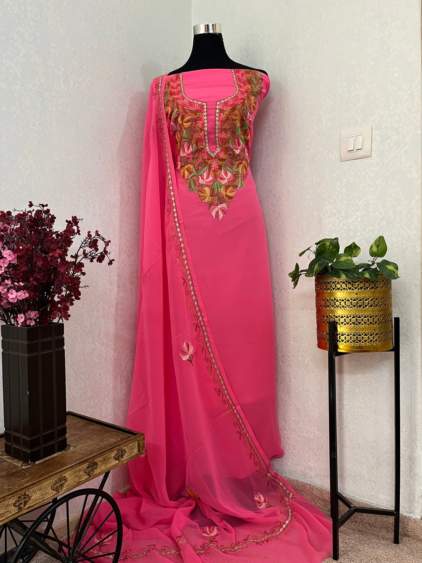 Candy Pink Georgette Shirt and Dupatta Aari Embroidered Suit