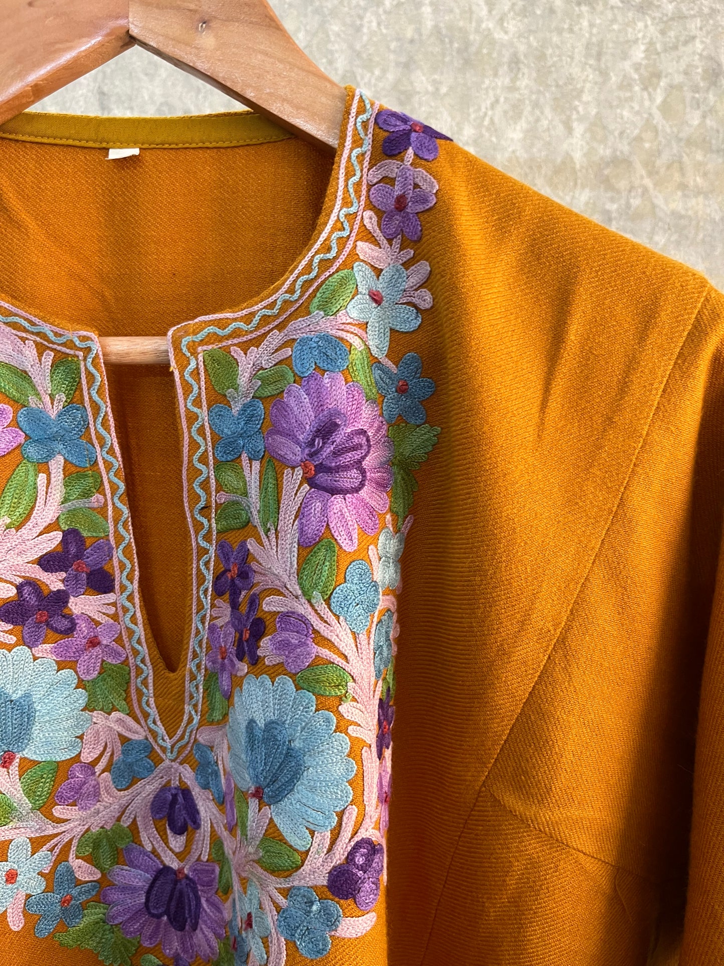 Mustard Yellow Aari Embroidered Wool Pheran