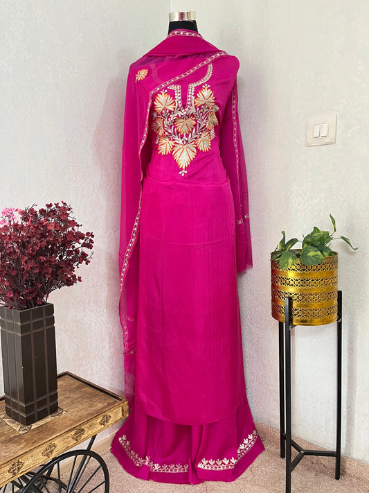 Hot Pink Silk Tilla Kashmiri Suit