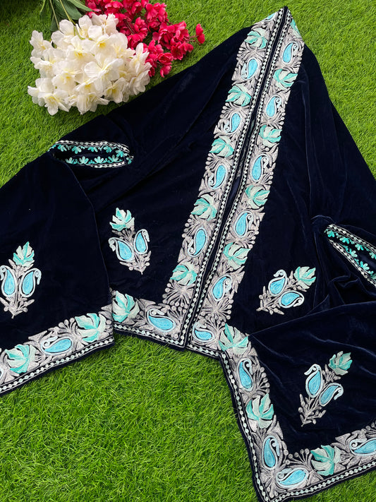 Blue Aari Embroidered Velvet Cape