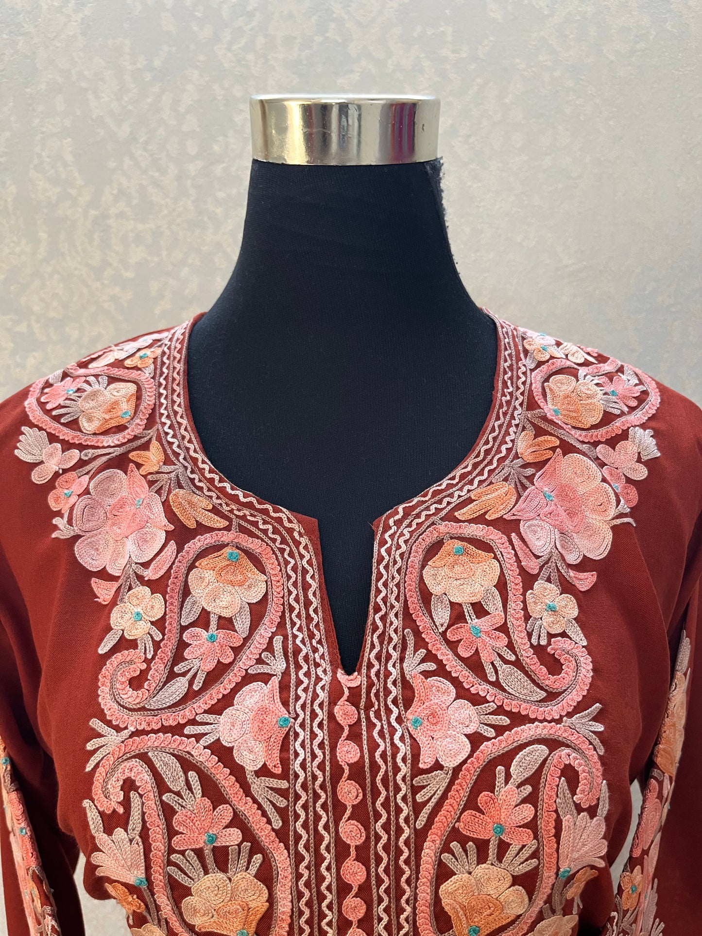 Rust Cotton Aari Work Kurta