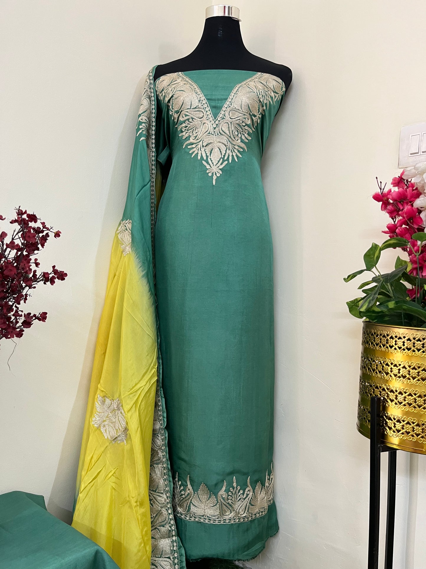 Sanam Pastel Green Silk Kashmiri Suit