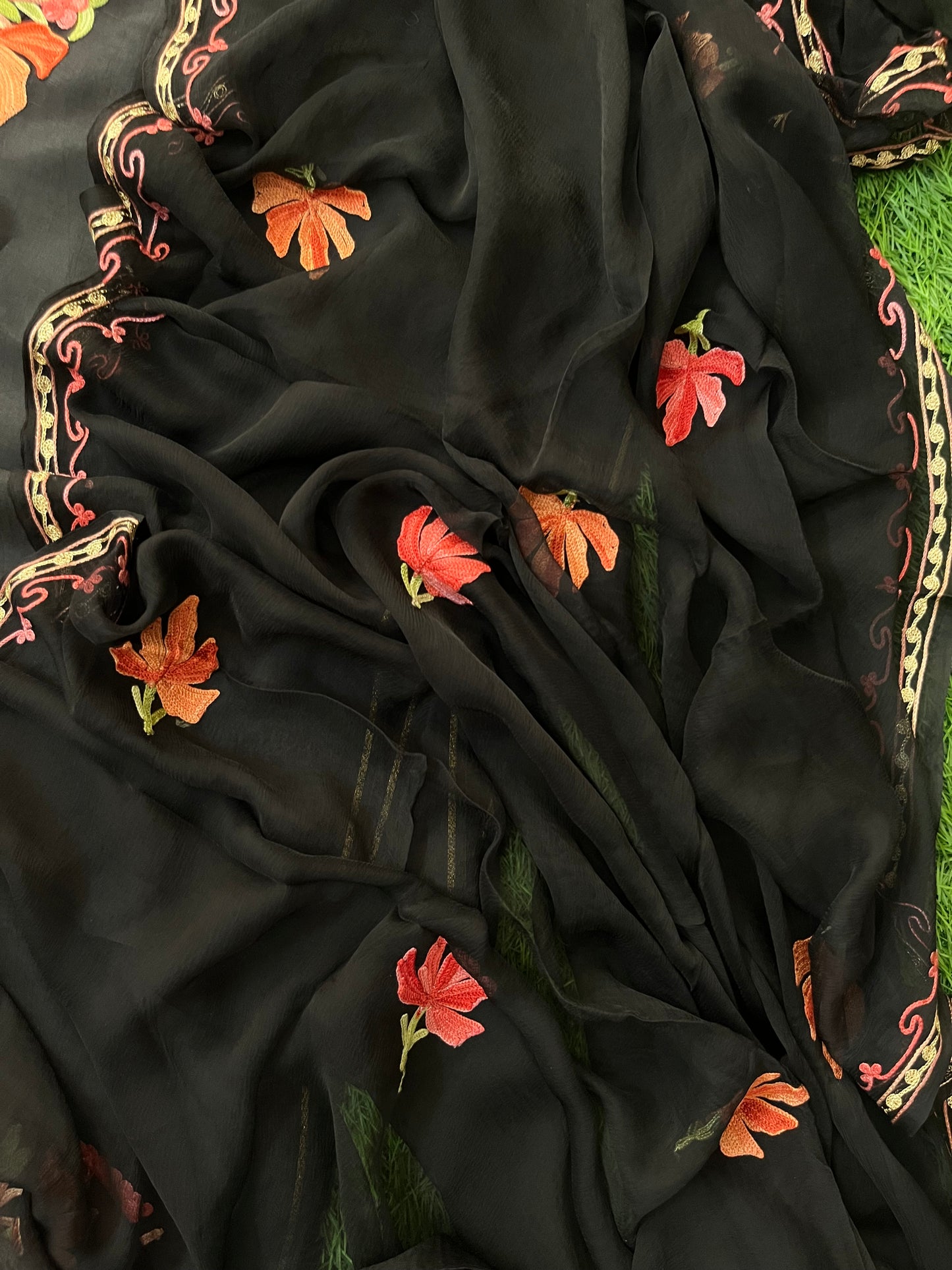 Black Opada Silk Aari Embroidered Suit material