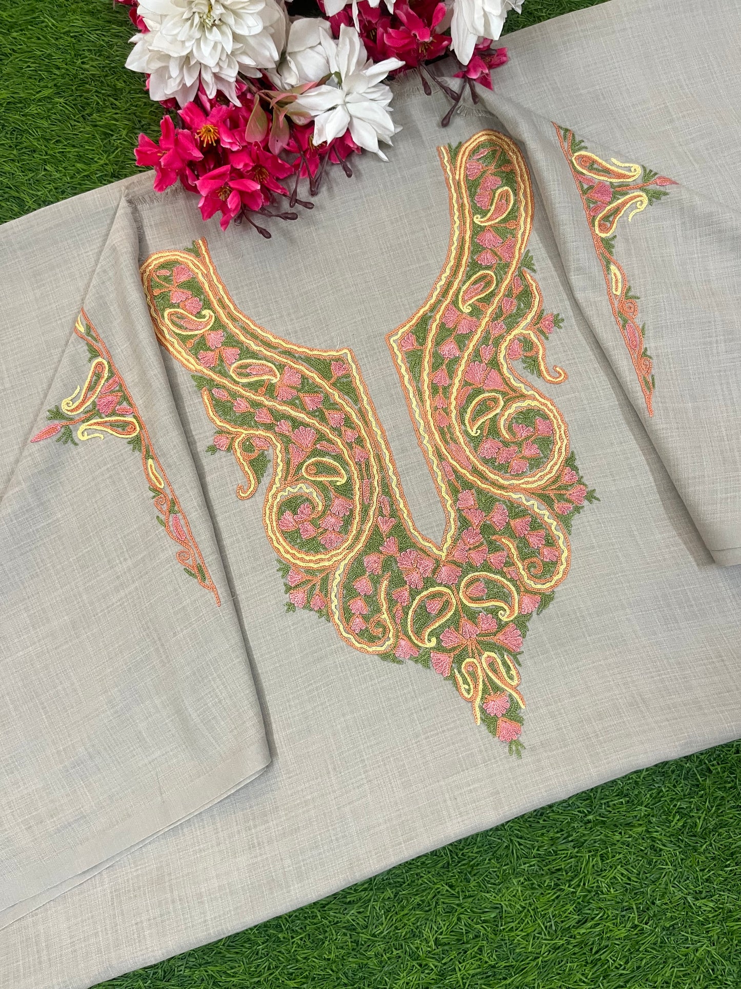 Beige Cotton Two Piece Suit (Hand Embroidered)