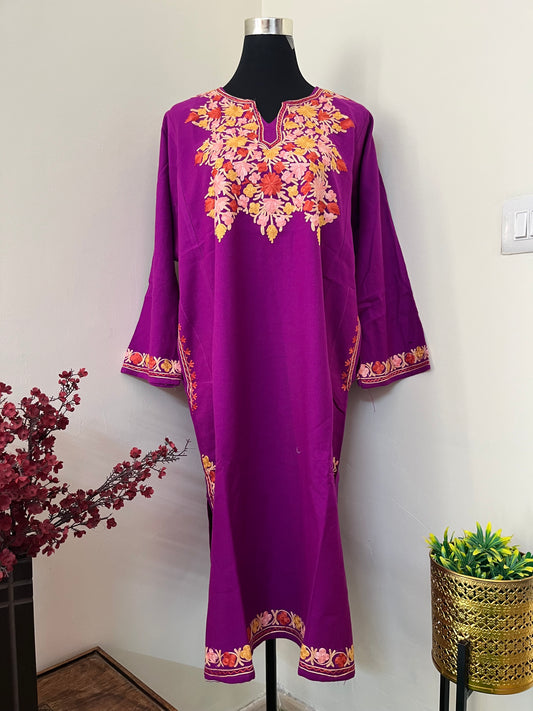 Wine Aari Embroidered Wool Pheran