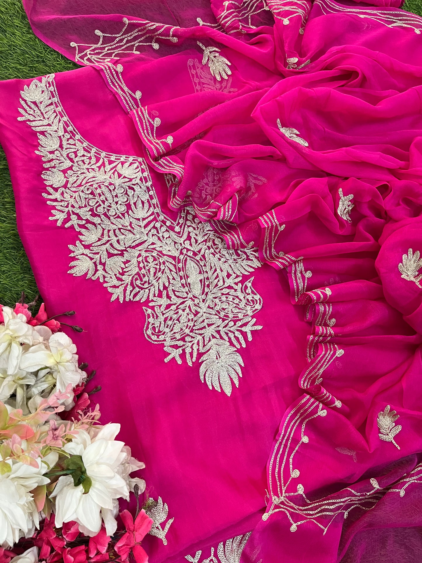 Hot Pink Silk Tilla Kashmiri Suit