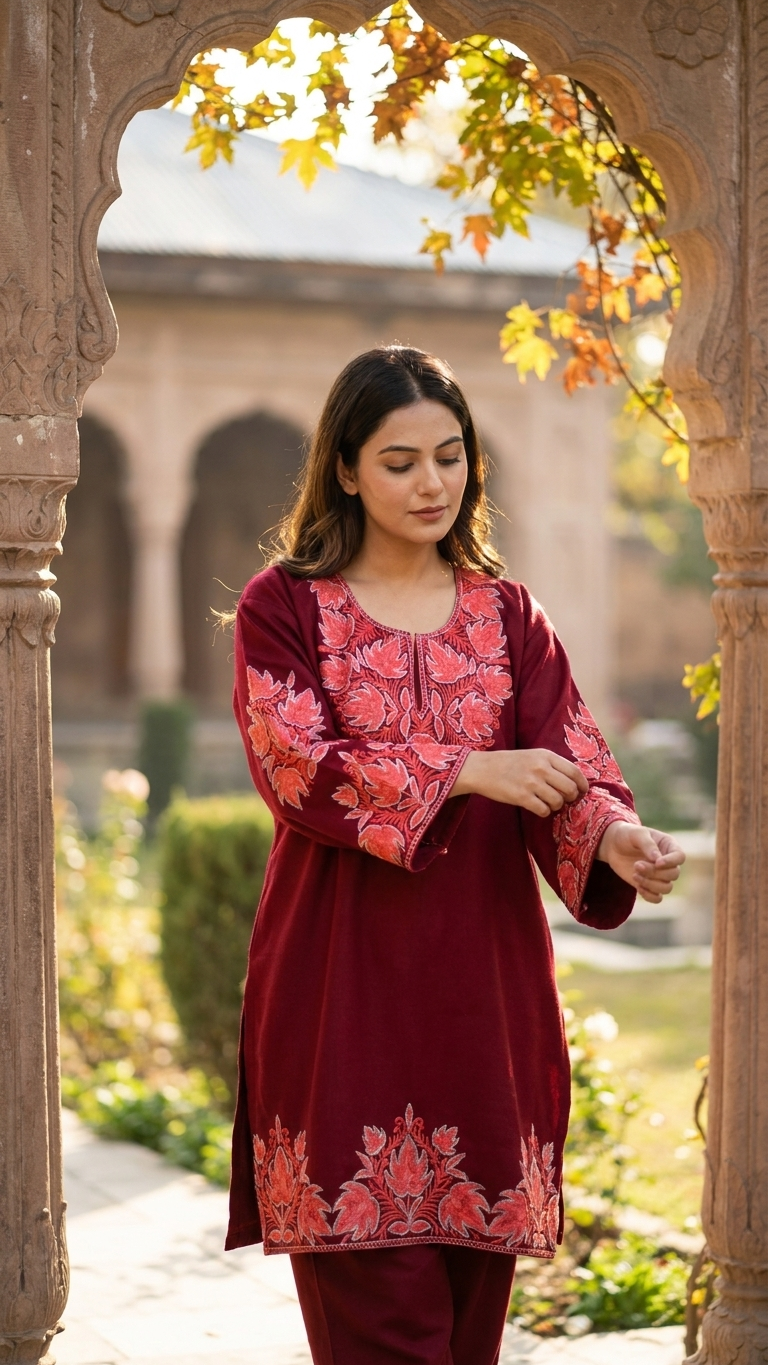 Maroon Woollen Kashmiri Co-Ord Set ( Size 46)