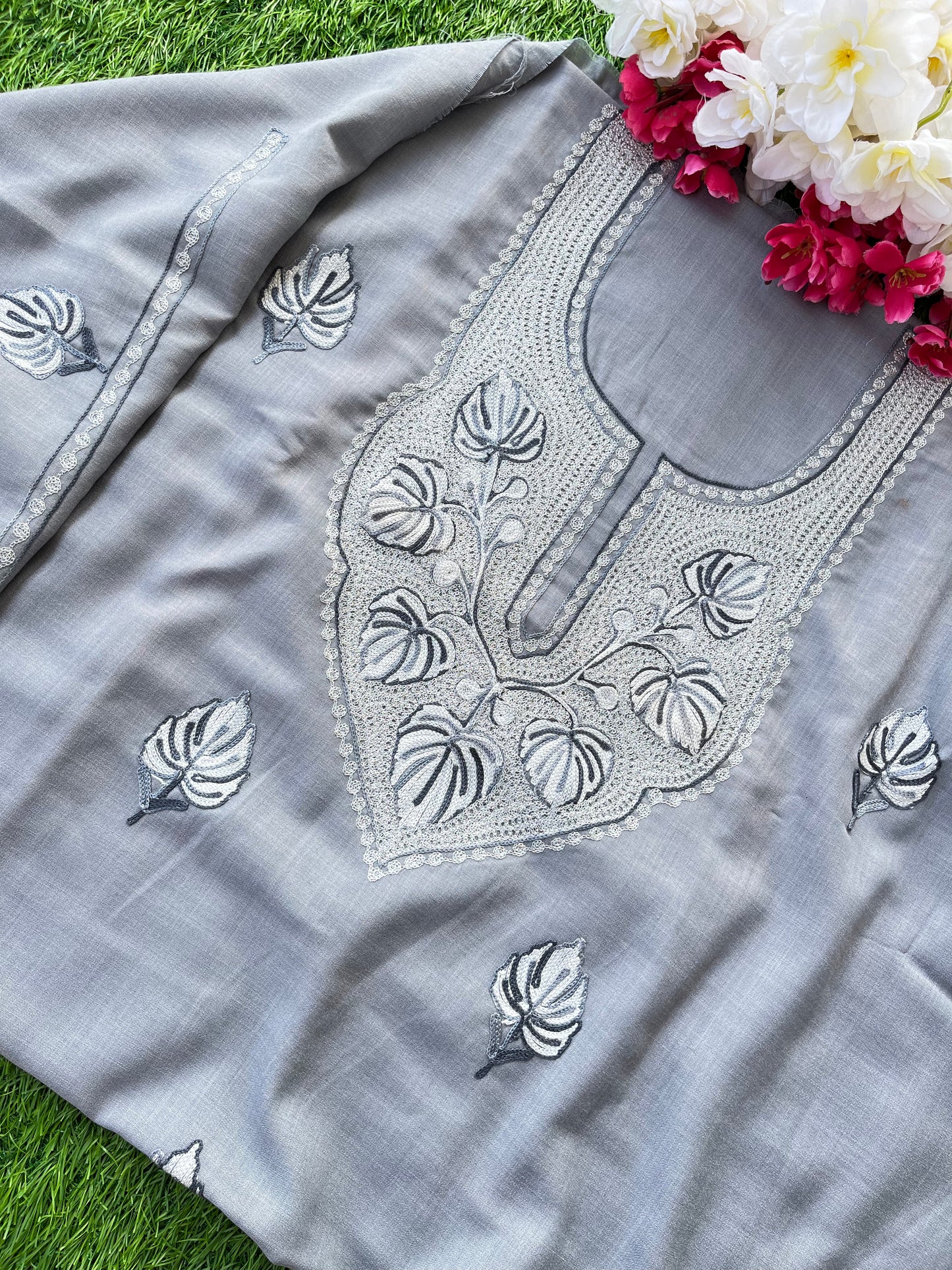 Grey Cotton Unstitched Aari Work Kurti