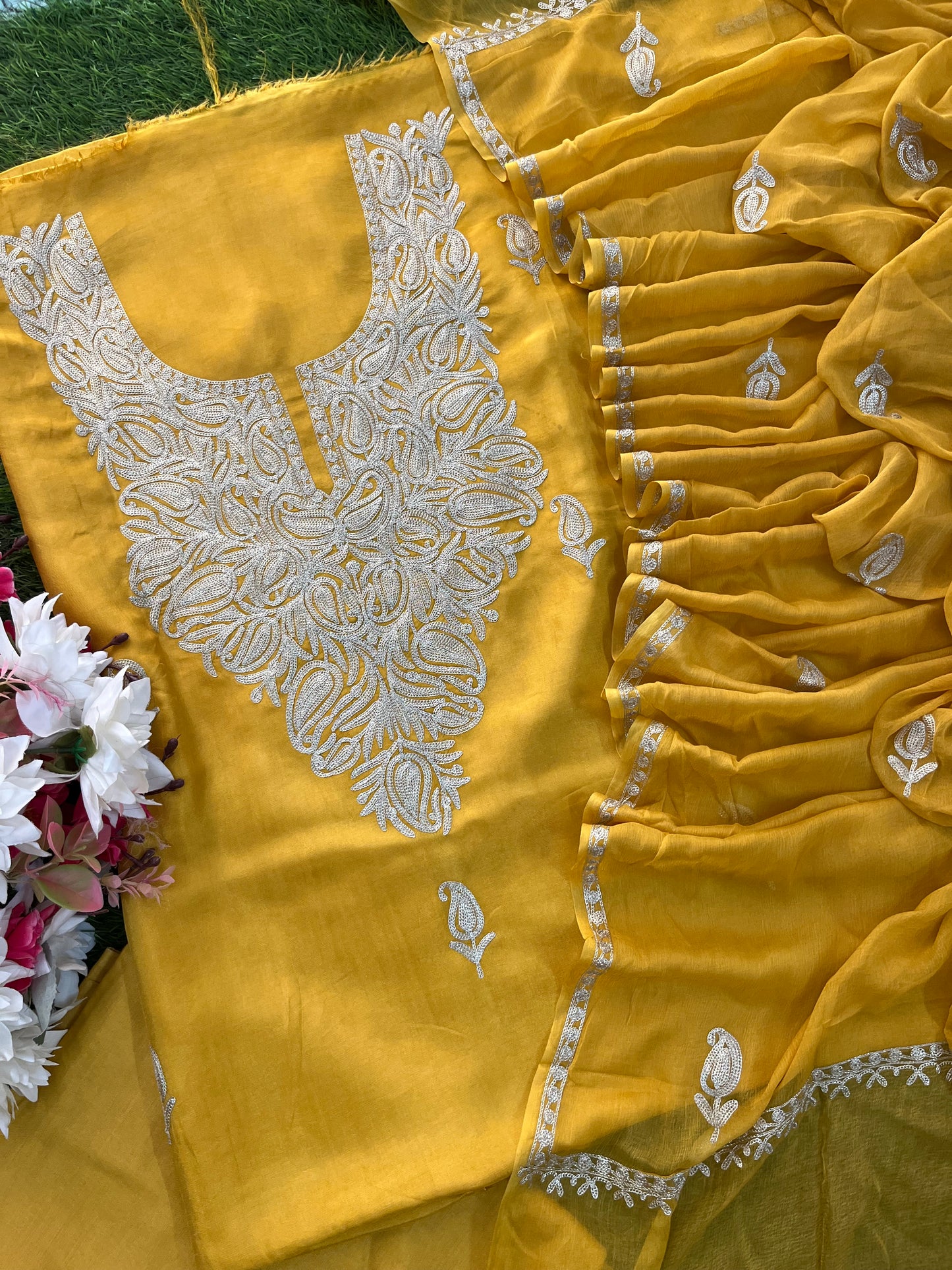 Golden Yellow Silk Tilla Kashmiri Suit