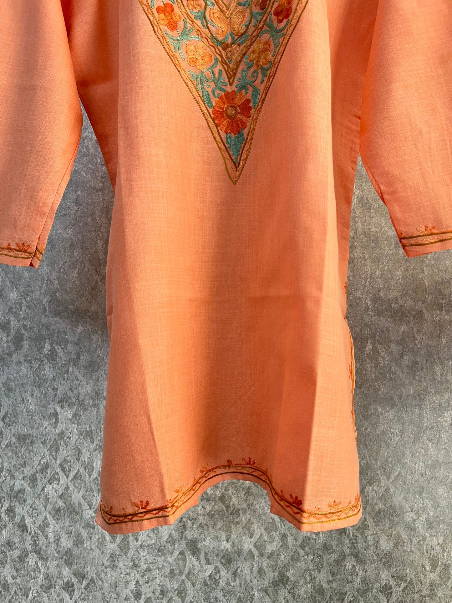 Peach Cotton Aari Work Kurta