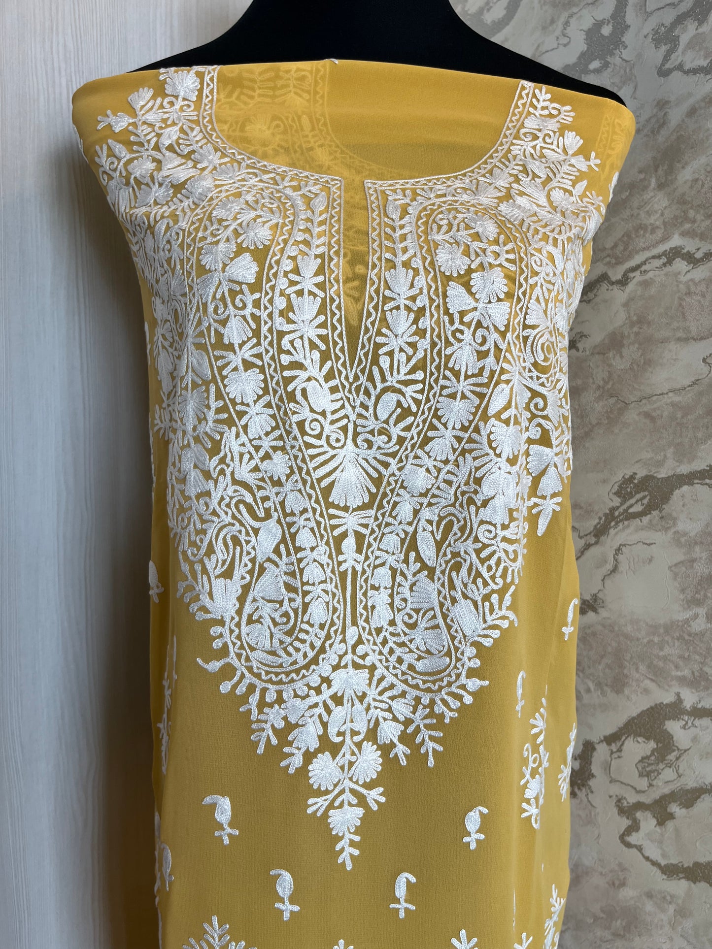 Georgette Yellow All over Work Aari Embroidered Unstitched Kurta Material