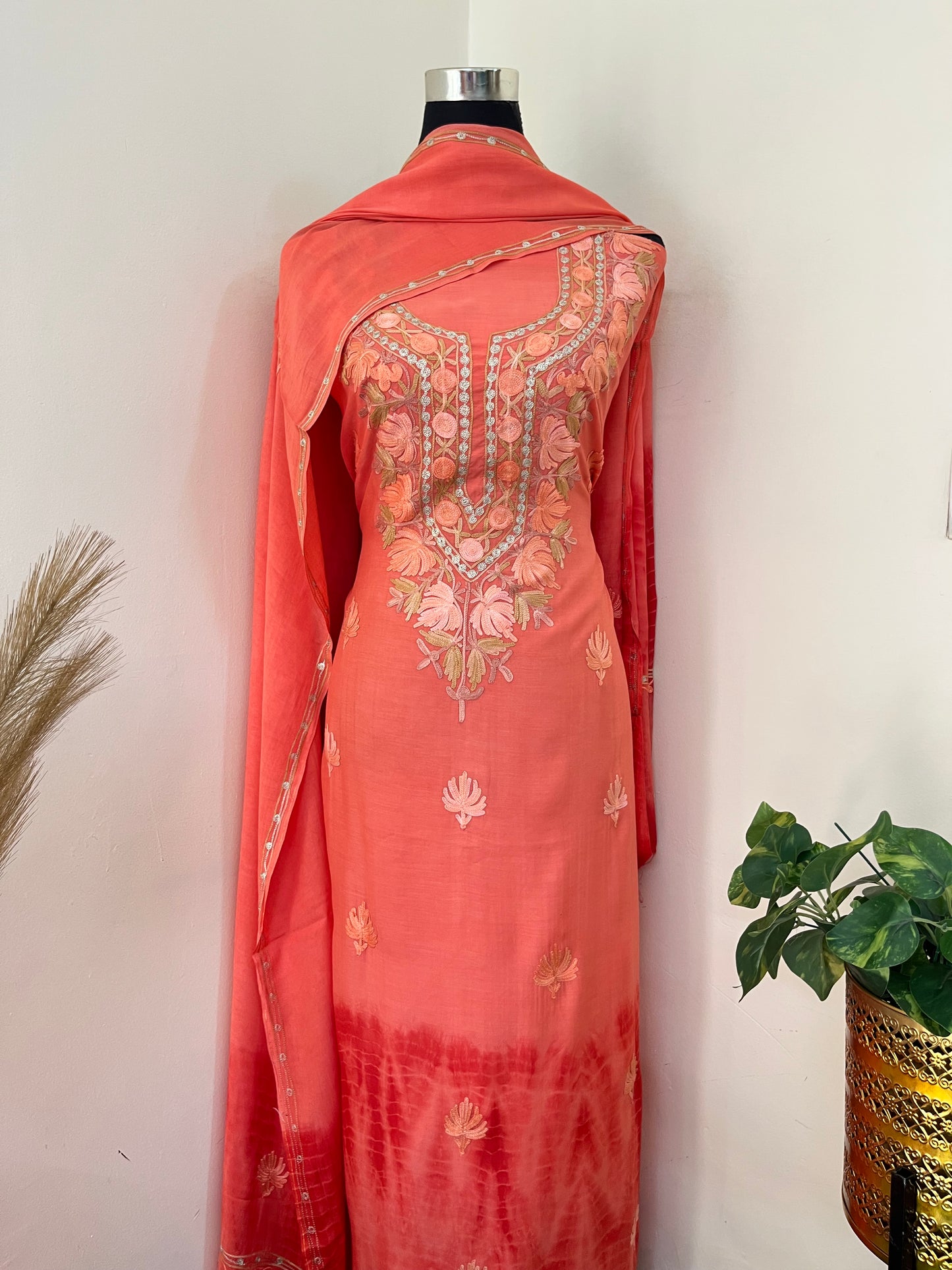 Orange Mul Cotton Shibori Work Kashmiri 3pc Suit