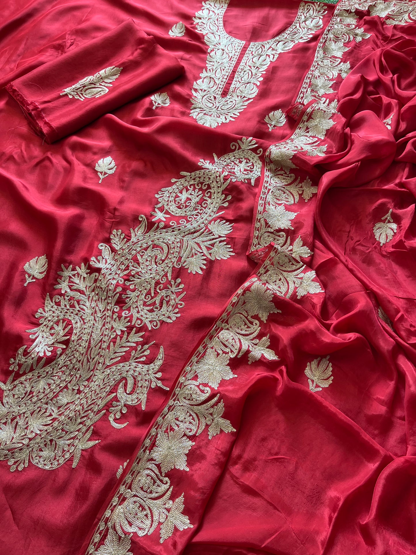 Red Silk Tilla Embroidered Suit material