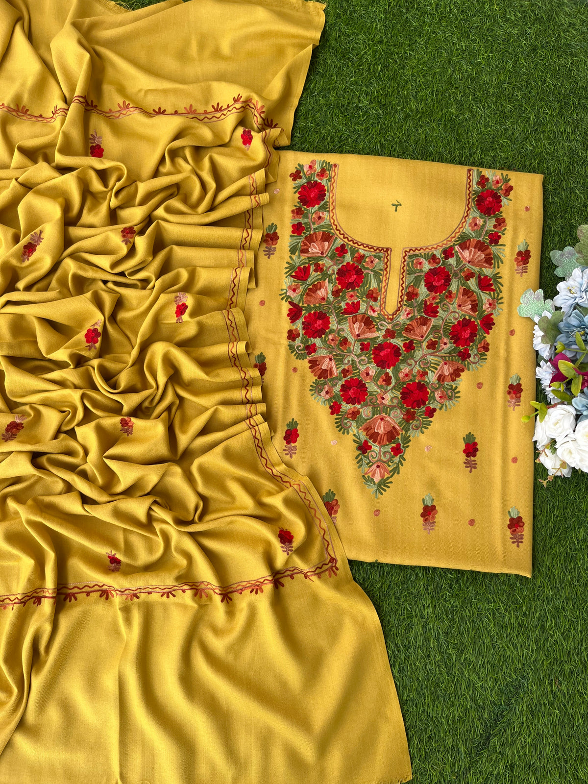 Yellow Woollen Aari Embroidered 3pc suit