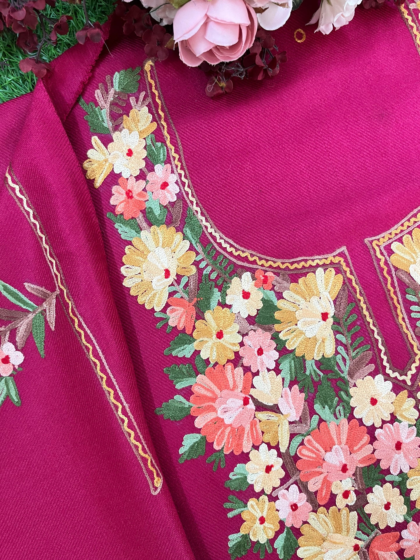 Hot Pink Woollen Aari Embroidered 2pc suit 5mtr