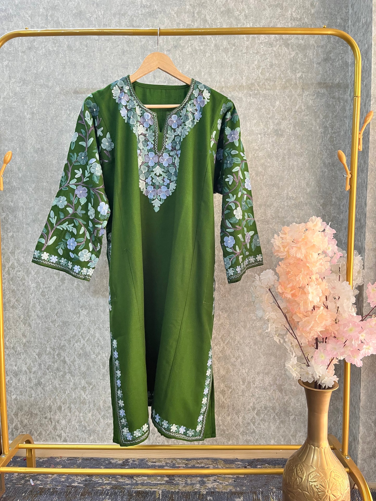 Henna Green Aari Embroidered Wool Pheran