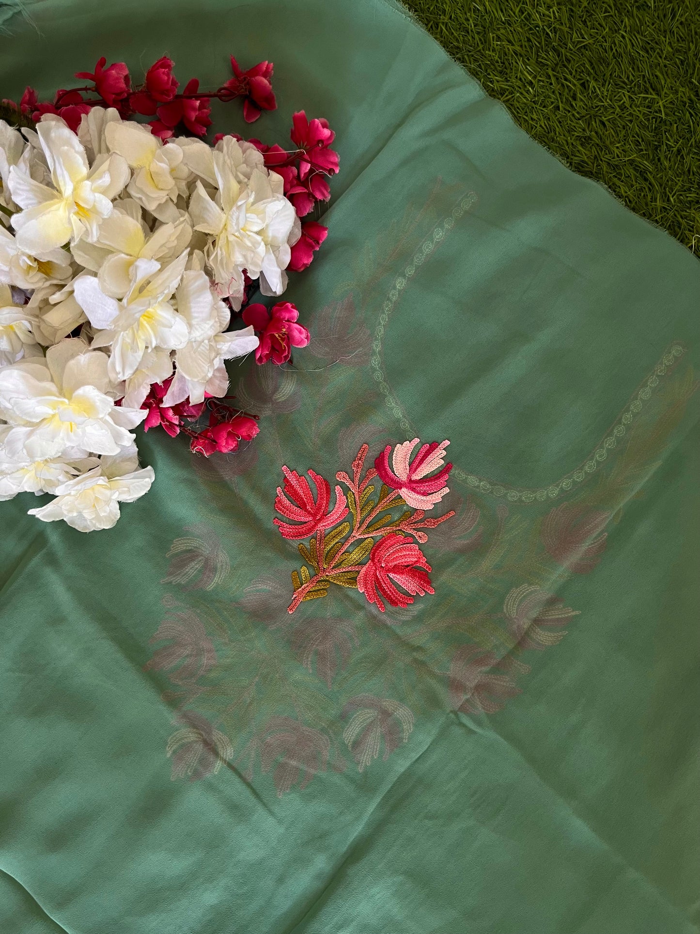 Sea Green Georgette Shirt and Dupatta Aari Embroidered Suit